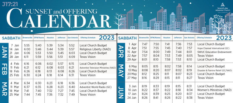 2023 Sunset and Offering Calendar | Texas Conference SDA Headquarters