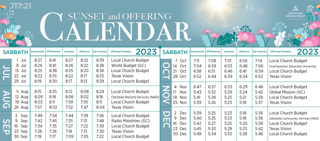 2023 Sunset and Offering Calendar | Texas Conference SDA Headquarters