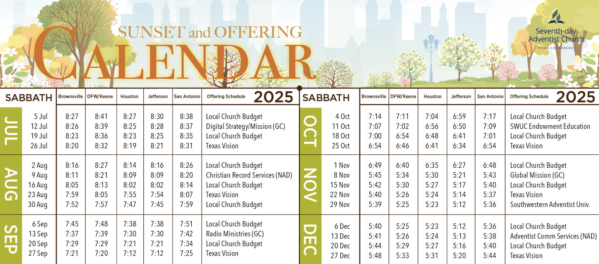 2025 Sunset & Offering Calendar Texas Conference SDA Headquarters