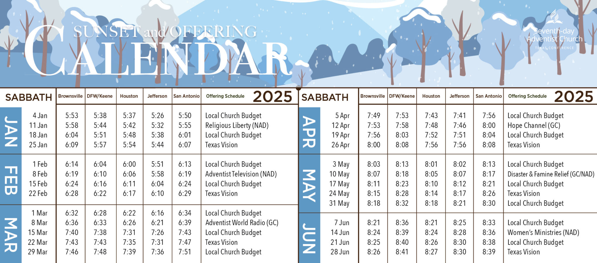 2025 Sunset & Offering Calendar Texas Conference SDA Headquarters